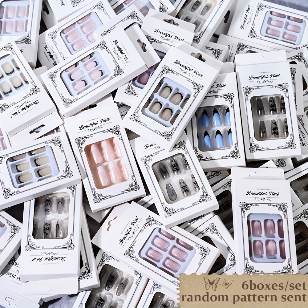 

6boxes/144pcs Press On Nails - Random Style Short Square, Long Ladder, Medium Shapes, Random Patterns - 24pcs/box Acrylic Nails