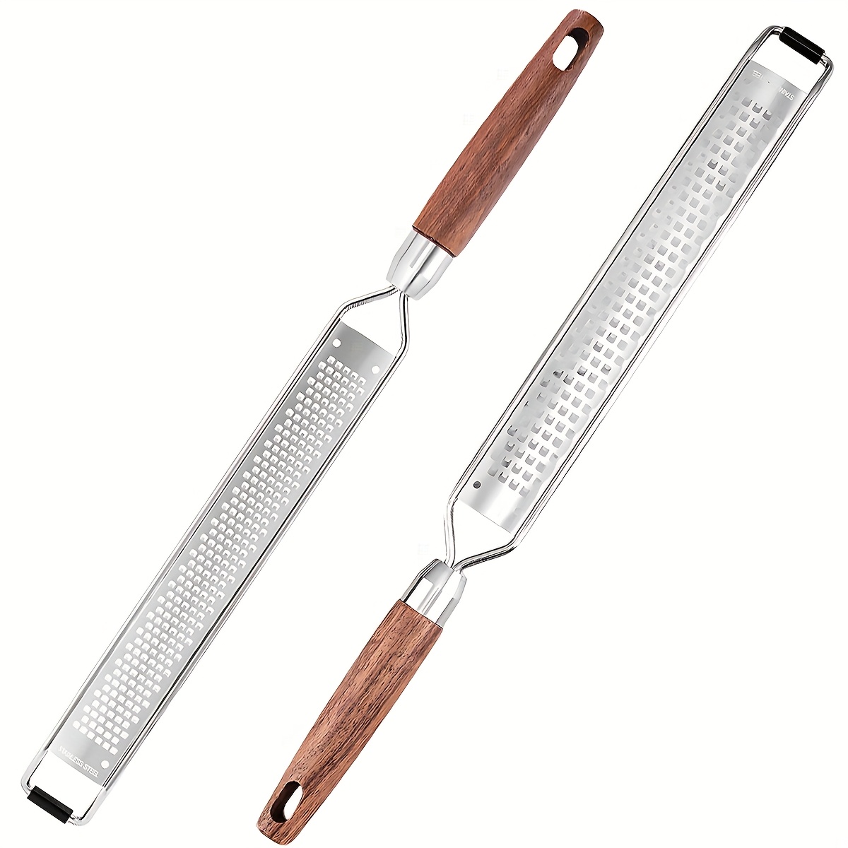 Image of Set Of 2 Handheld Cheese And Lemon Zesters, Featuring A Stainless With A Wooden Handle, Perfect For Grating Vegetables, Fruits, Ginger, Chocolate, Garlic, And Nutmeg