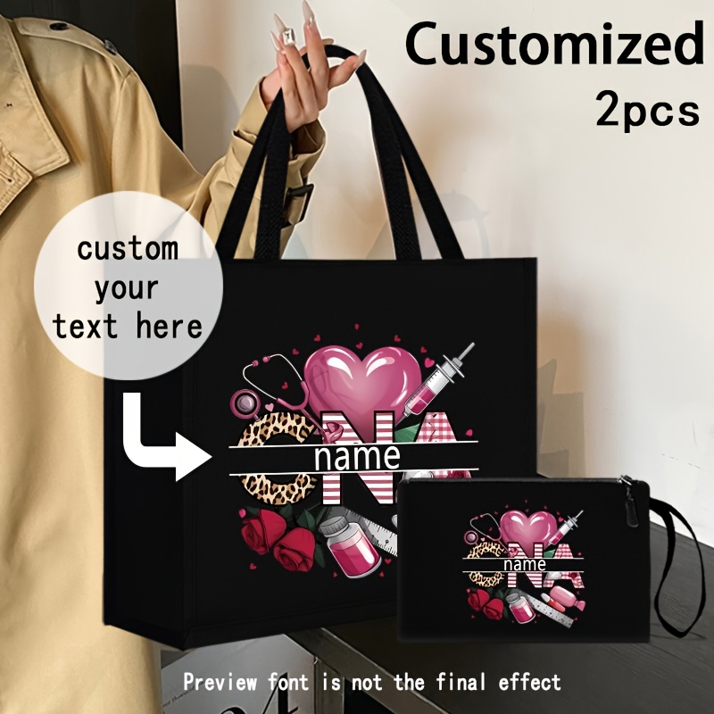 

Customizable 2pcs Set: Chic Linen Tote & Matching Makeup Bag - Large Capacity, Fashionable Prints For Women - Work, School, Or Everyday Use