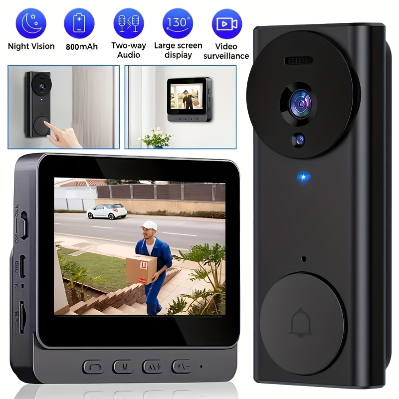 1pc Sleek Black Doorbell Camera with 10.92cm IPS Display - 480P HD Indoor Security Cam, Night Vision, 2-Way Video, Long-Lasting Rechargeable Battery, Easy Installation, Supports Multiple Devices (No WiFi, Card Not Included)