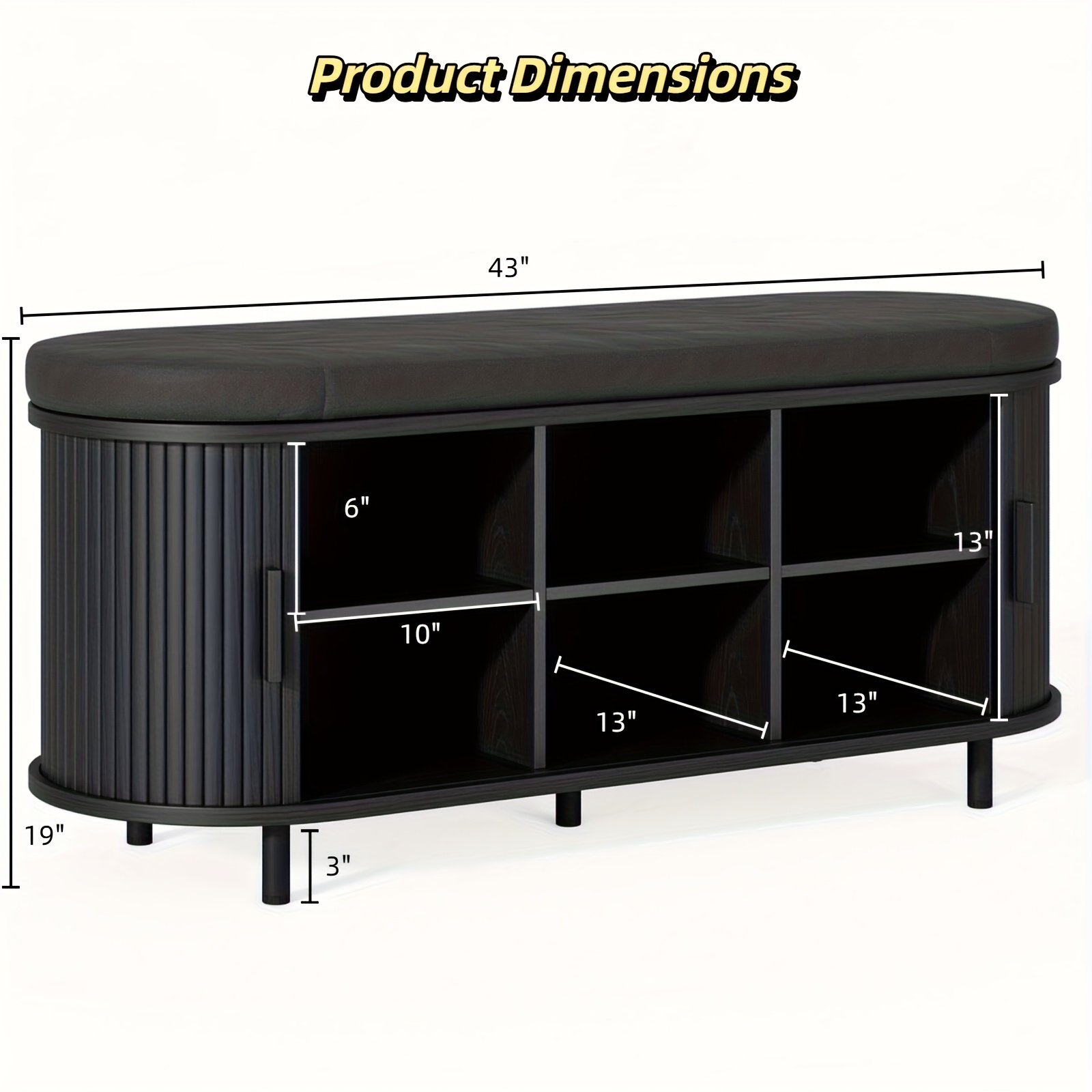 Hidden Wood Shoe Cabinet, Freestanding Shoe Storage Cabinet, With Cushion And Sliding Door, Removable And Adjustable Shelf With Metal Legs For Entryway Hallway. Black. 43.3" L X 12.6" W X 18.9" H