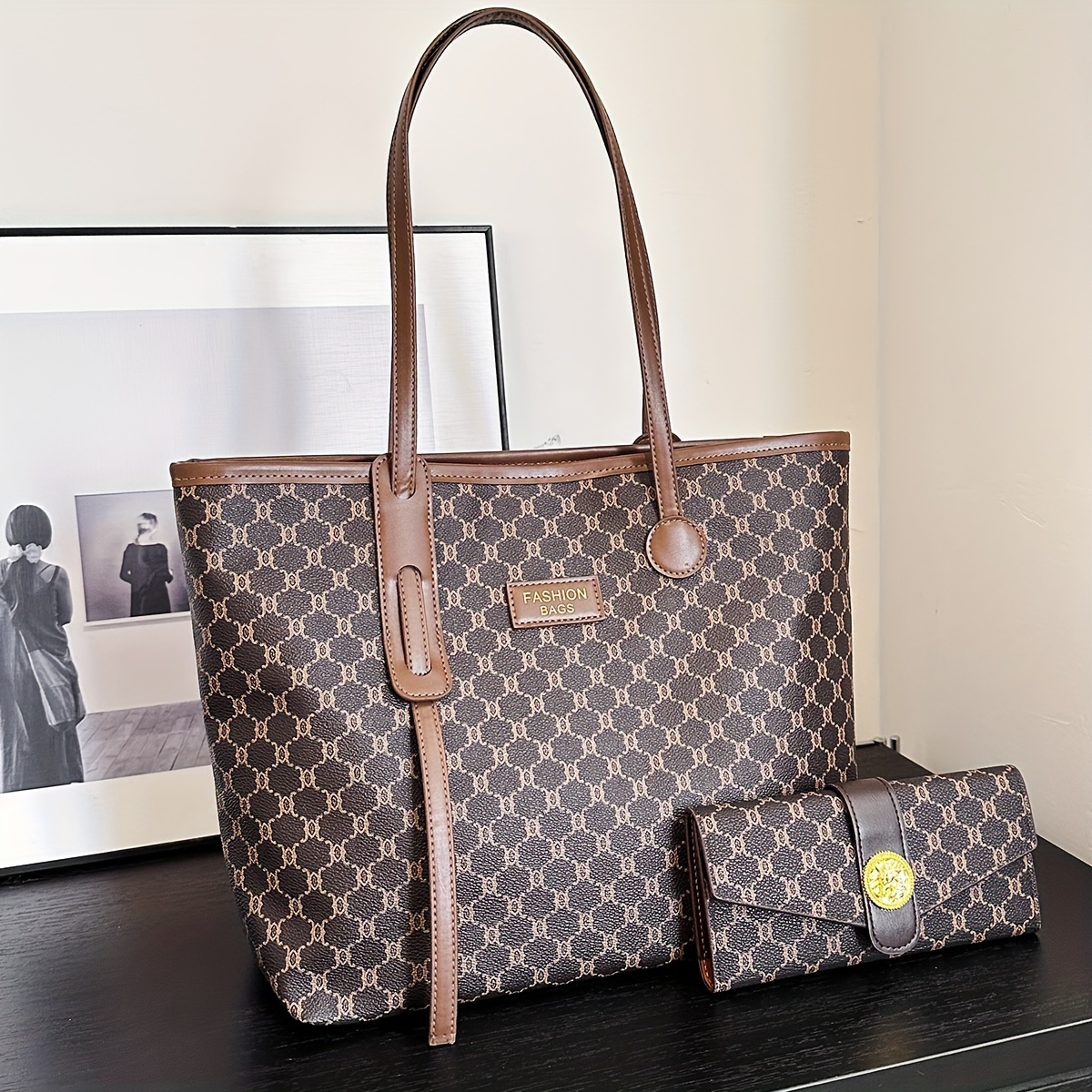 

Classic Vintage Style Designer-inspired Tote Bag Set For Women, Fashion Elegant Large Capacity Pu Handbag With Matching Wallet