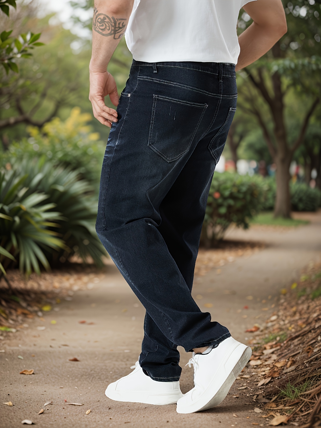 1pc Men'S Plus Size Casual Denim Jeans, High Stretch Fabric, Solid Color, Long Length, All-Season, Regular Fit, Adult - #TD7225