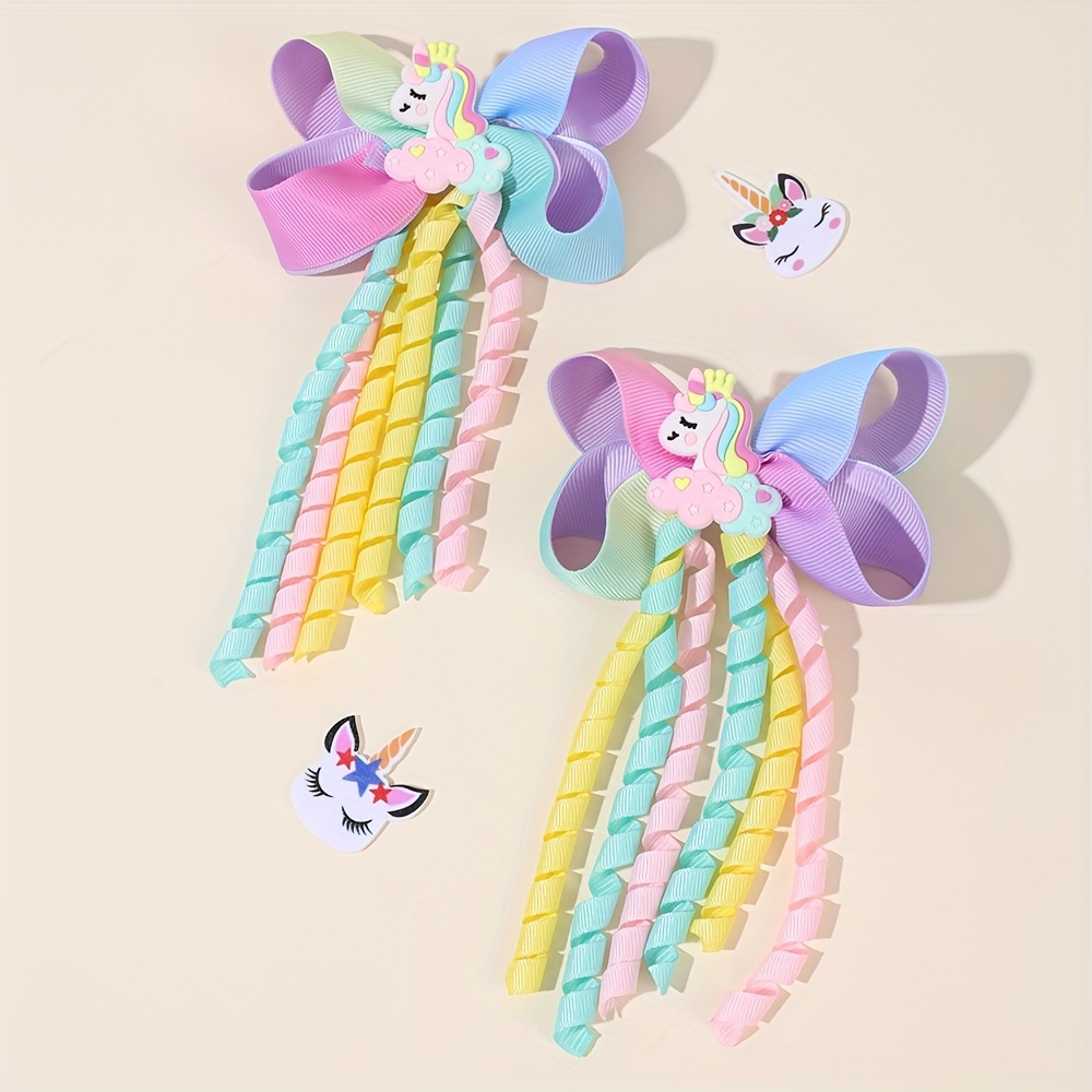 TEMU 2pcs S Adorable Pony Bow Hair Clips With Curly Tassels Gradient Grosgrain Ribbon Polyester Barrettes Accessories Suitable For Party Dressing Festival Gifts Daily Outing