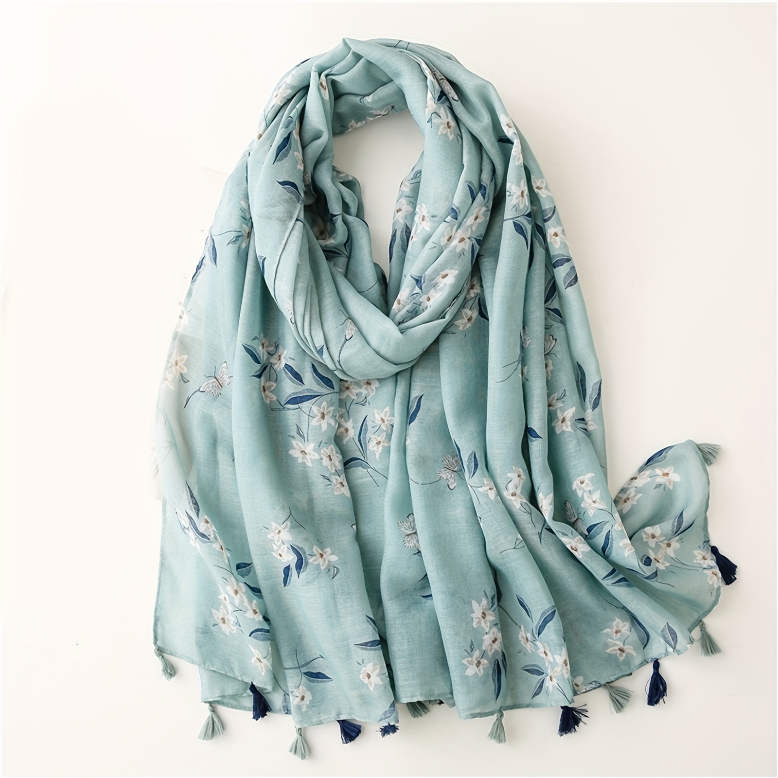 

Women's Lightweight Scarf Shawl Wrap, Floral Print, Soft Cotton Linen Tassel, Versatile Rectangular Beach Towel