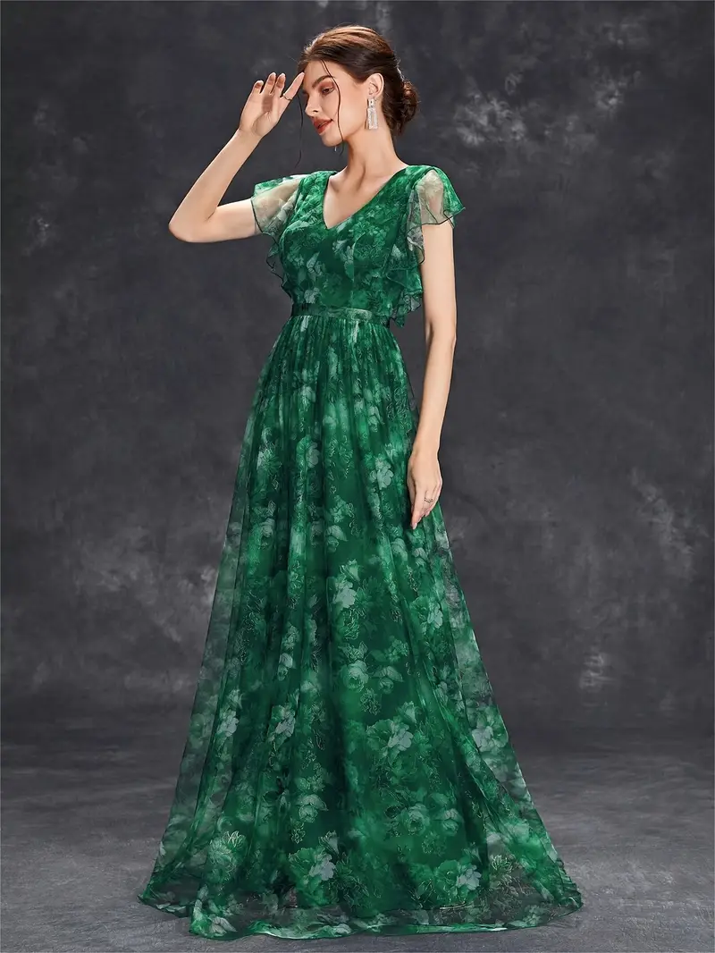elegant womens deep v neck bridesmaid dress with short sleeves floral print lace trim satin mesh overlay ruffle hem a line long skirt weddings and formal events wedding guest attire floral print dress Product details 7