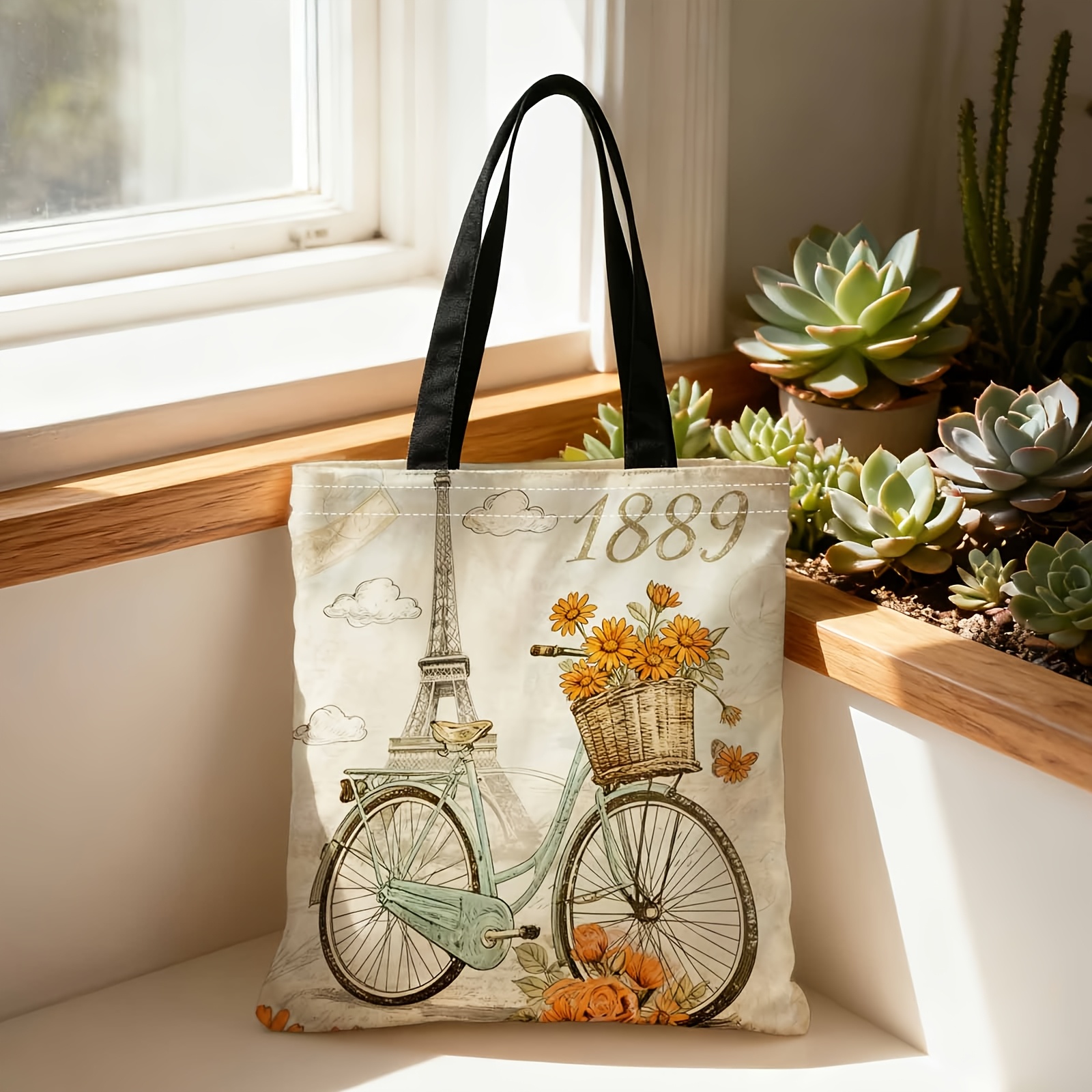 TEMU Shopper Bag,shopping Portable Shoulder Back Hand-held Bag,2d Double-sided Ing,eiffel Tower, Vintage Bicycle, Floral Basket,suitable For Travel,