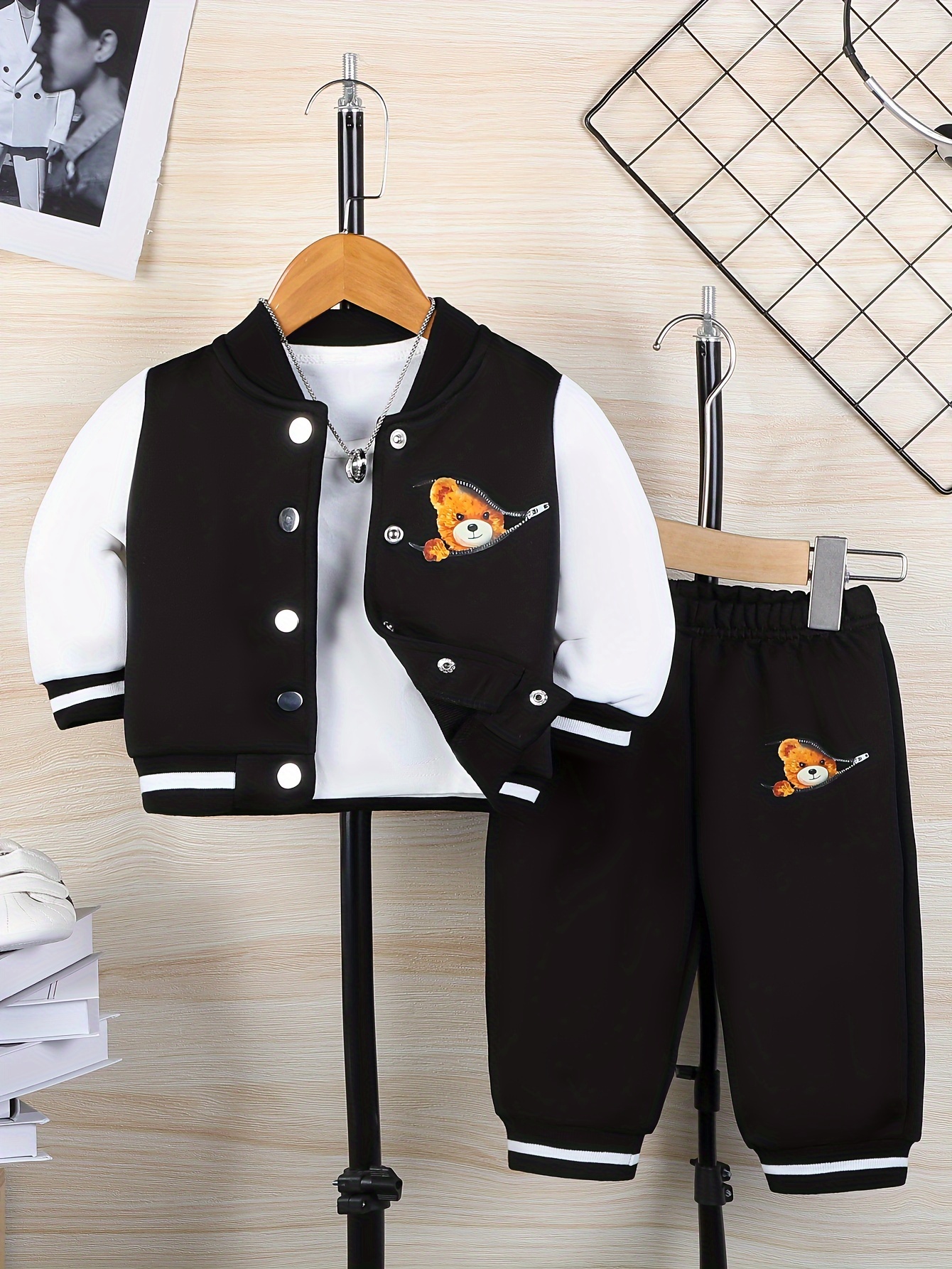 directional development of baby boys autumn and winter casual hoodie two piece top zipper bear print trousers black trousers for outdoor   outdoor black 0