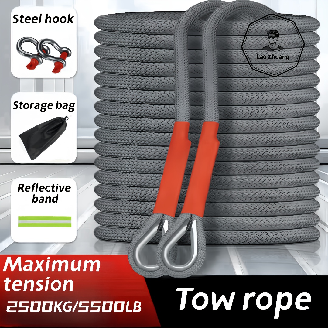 heavy duty tow rope 5500lb 2500kg tensile strength polyamide material reflective band steel hook storage bag emergency car recovery towing strap left placement option