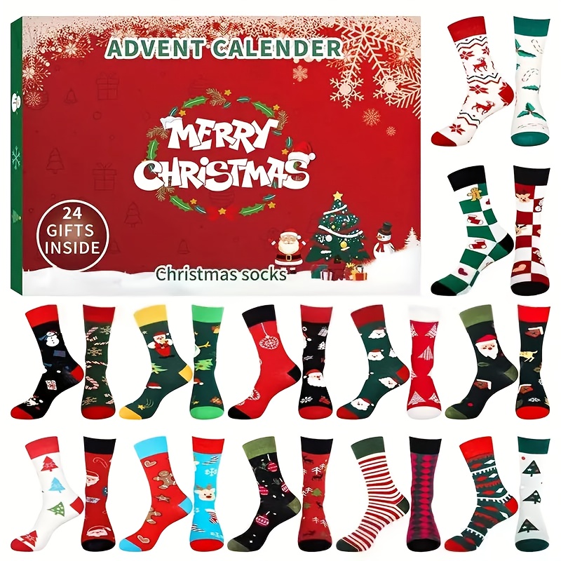 24-teiliger Weihnachts-Adventskalender-Socken - 12 Paare mit 24 Farben & Mustern (Herzen, Bäume), Schneemänner) , Lebkuchen)) ) für den Countdown von 4 Wochentagen zu Heiligabend. Neujahr Valentinstag Ostfest Halloween Geburtstage Partys Festliche Feiertagsstrümpfe Mädchen Jungen Frauen Herren Langlebiger Stoff wiederverwendbares Kalendersdesign Hängende Strumpfhosen Dekoration Gesichtsdeko