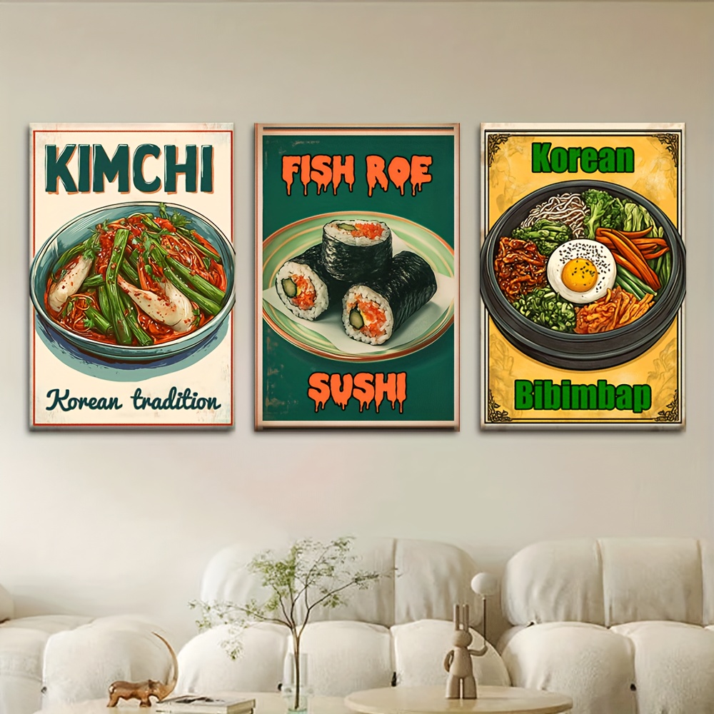 TEMU Ensemble de 3 tableaux 2D plats, cadre, représentant des affiches rétro de cuisine coréenne, comprenant des piquants, du riz au laver et du .