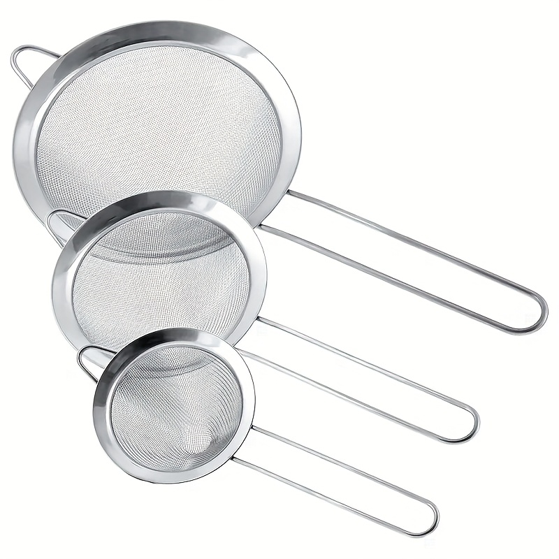 TEMU 3pcs Different Specifications Fine Mesh Filter Stainless Steel Fine Mesh Sieve Tea Filter, Mesh Filter, With Handle, Suitable For Juice Egg Tea