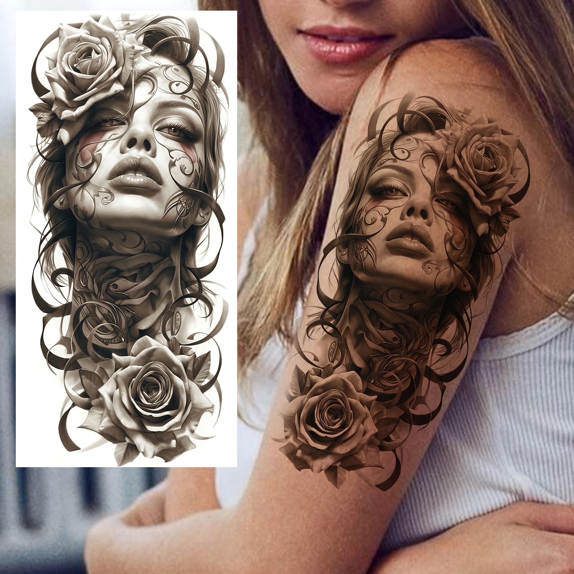1 Sheet Chicano Character Rose Flower Temporary Tattoos For Women Men Adults Arm Thigh Half Sleeve Legs Shank Forearm, Stickers Waterproof Realistic Fake Tattoo Temp Long Lasting