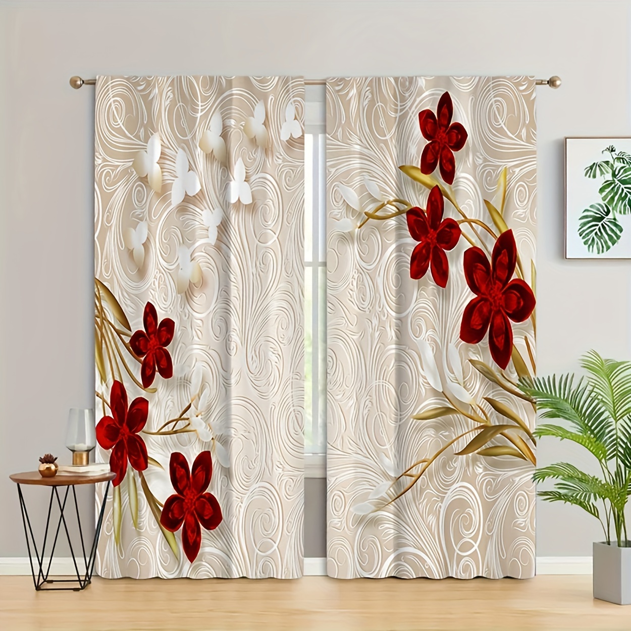 

2pcs Floral Printed Curtains, Rod Pocket Window Drapes, Window Treatments For Bedroom Living Room, Home Decoration, Room Decoration