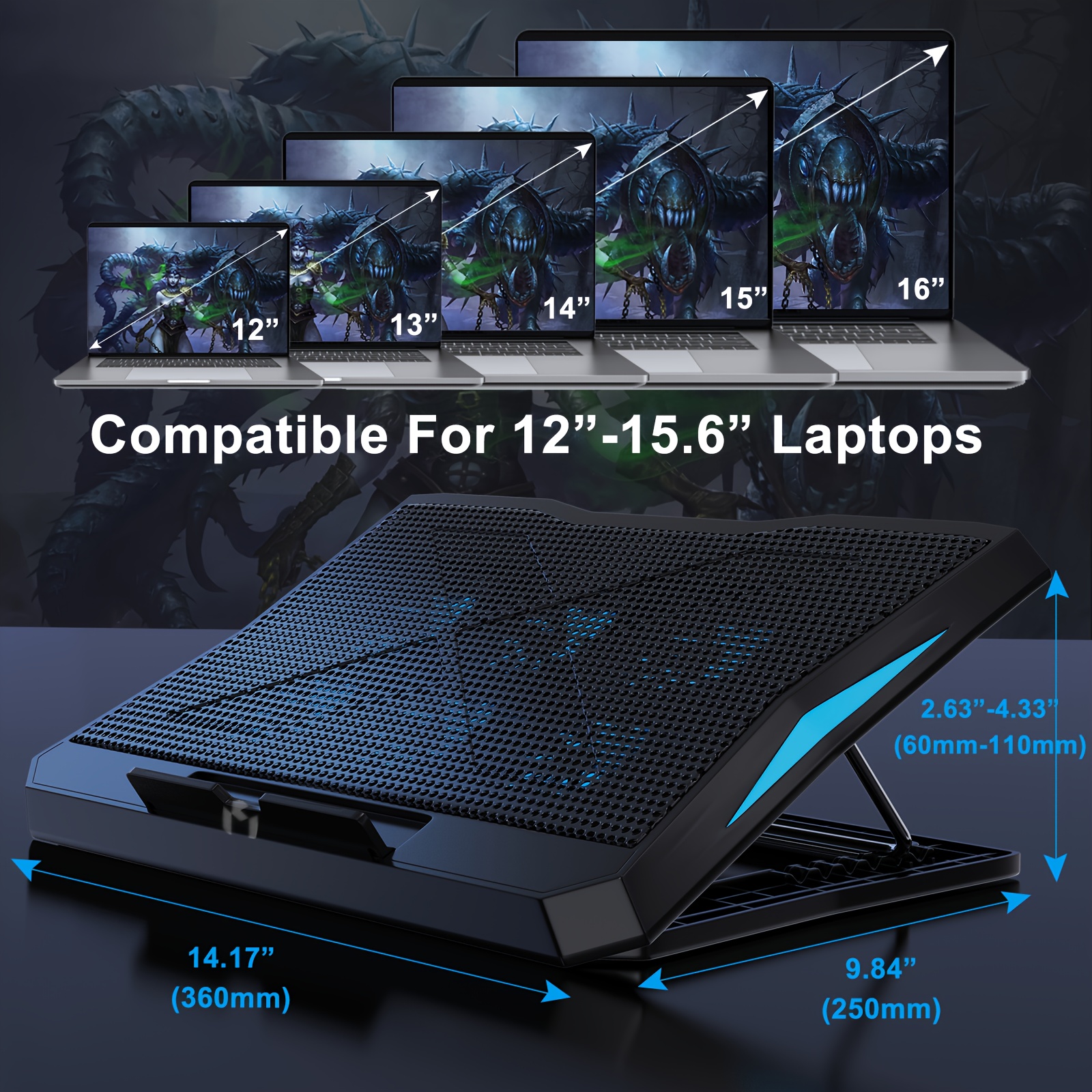 Laptop-Kühlstand, 6 Kühlventilatoren, 4 Stufen verstellbar, LED-Licht, Drehschalter für Geschwindigkeit, großer Luftstrom geräuscharm, 2 USB-Anschlüsse, Metall-Gitter-Design, geeignet für 22,86-39,62 cm Laptops
