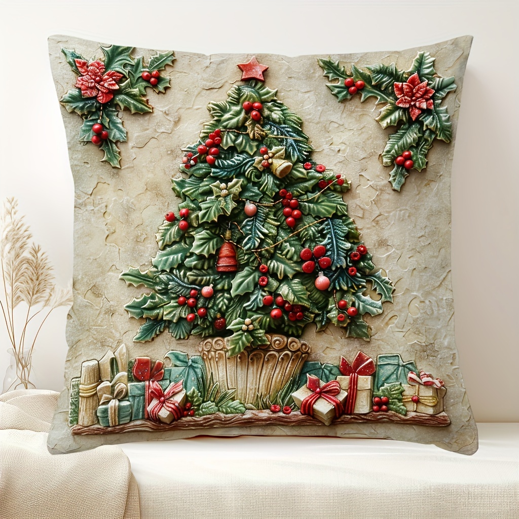 

Contemporary Christmas Tree And Gifts Throw Pillow Cover, Polyester, Woven, Hand Wash Only, Zipper Closure, Decorative Single-sided Print For Various Room Types - 1pc 17.7"x17.7