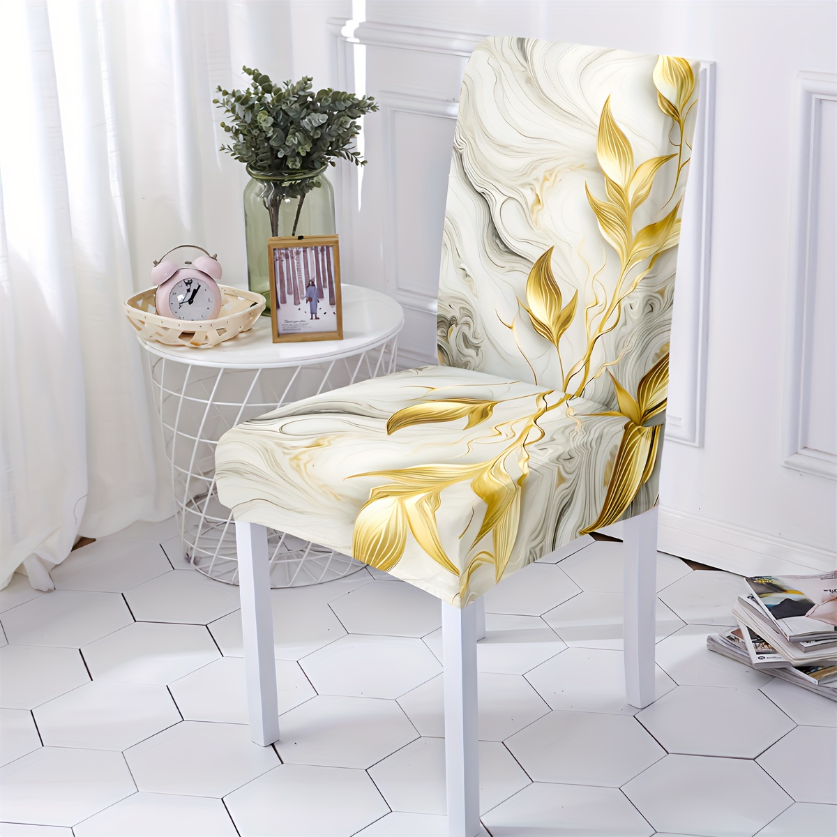 

Elegant 4/6pcs Chair Covers With Marble Background And Golden - Universal Size, Machine Washable, Removable, Suitable For Dining Room, Living Room, Kitchen, And Home Decoration