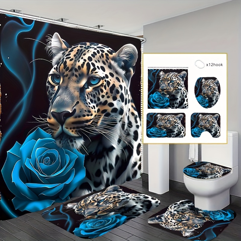 

Leopard And Blue Rose Bathroom Set: Includes 1/4 Pcs Of 70.9"x70.9" Shower Curtain, Non-slip Bath Mat, Toilet Seat Cover, And 12 Free Hooks - Perfect For Art Lovers