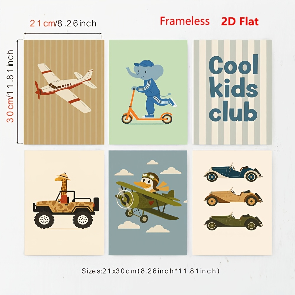 TEMU 2D Flat, 2D Flat, 2D -teiliges Retro Tier Fahrzeug Wandkunst, Cooles Club Leinwand Poster, für Kinderzimmer, Spielzimmer und Schlafzimmer Dekor