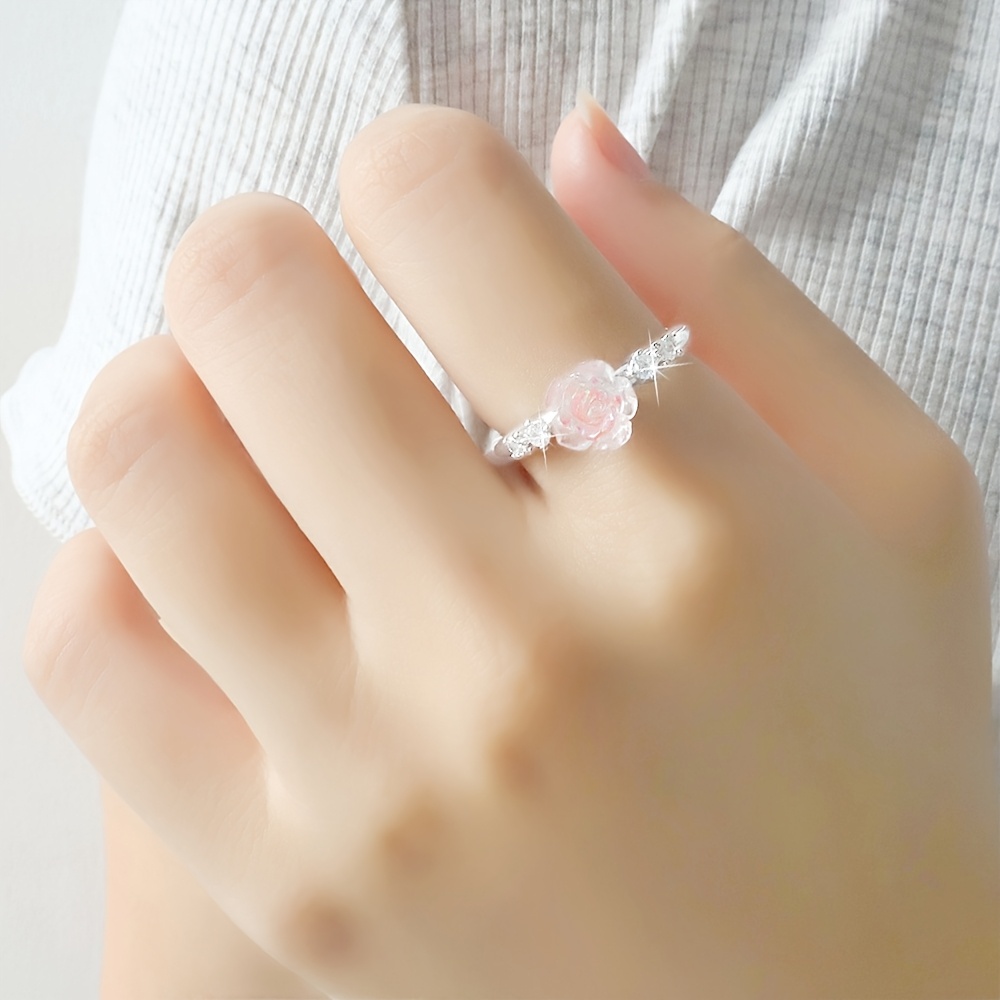 Adjustable Pink Rose Women's Ring with Sparkling Stones