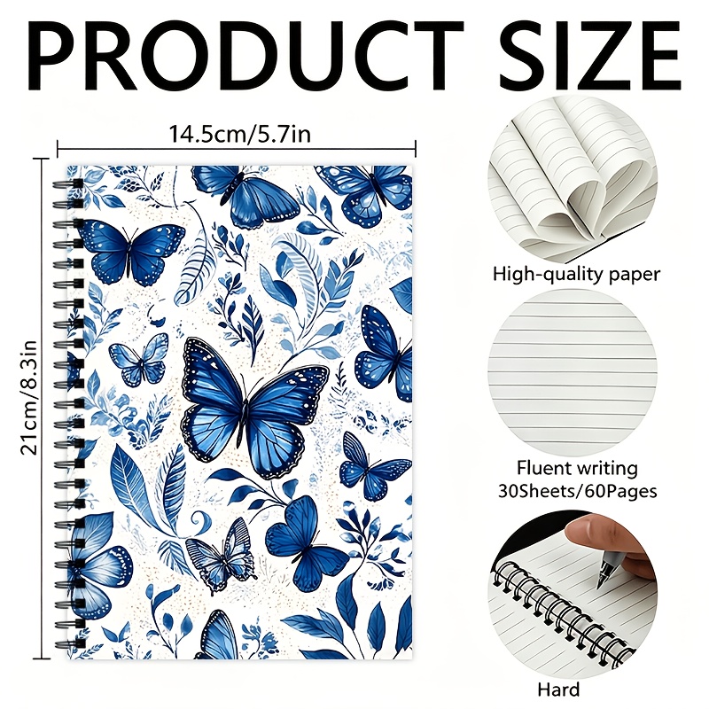 TEMU 1 Blue Floral Spiral Lined Notebook, 30 Inner Sheets (60 Pages Total), Coil-bound. Suitable For Daily Journaling And . A Perfect Gift For The