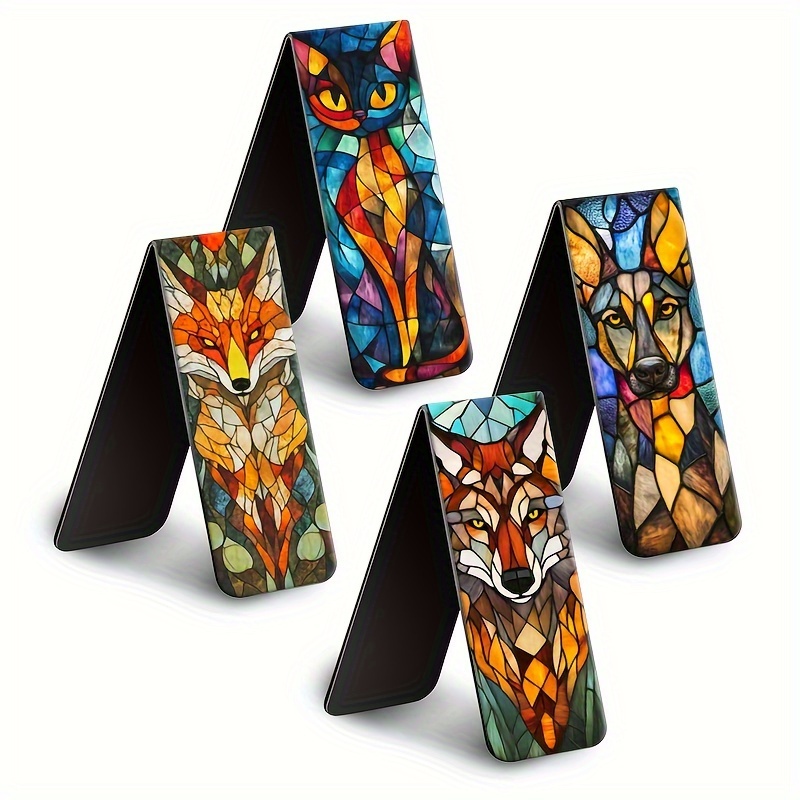 

4pcs/pack Cat, Wolf, Dog, Fox, Stained Glass Texture Illustration Magnetic Bookmarks Clip In Bookmark Page Book Marker For Students Teachers Reading School Library Office Accessories