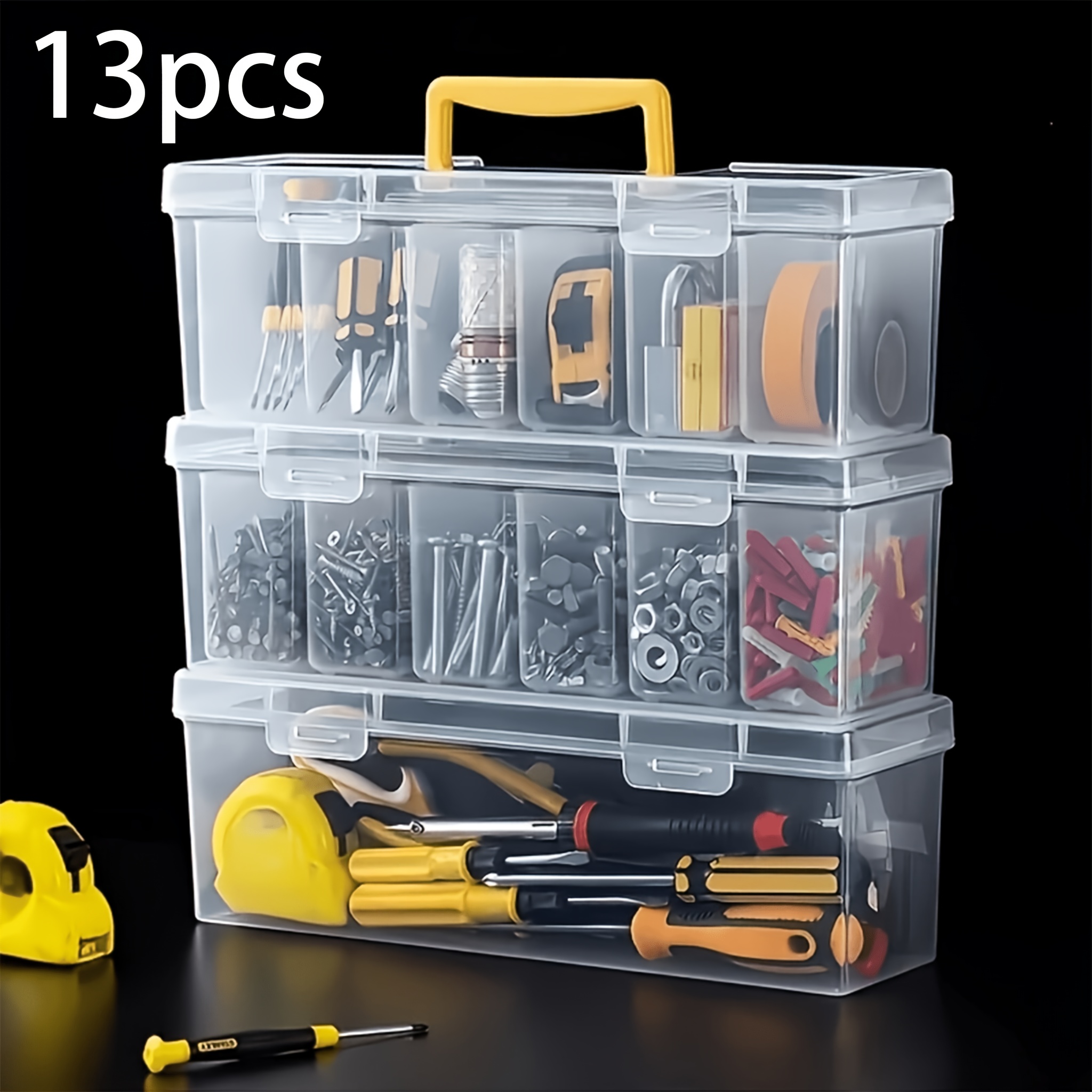 TEMU 13pcs Transparent Tool Parts Organizer Set, 11 Small Boxes And 2 Large Boxes Multi-compartment Portable Stackable Hardware Storage Case For