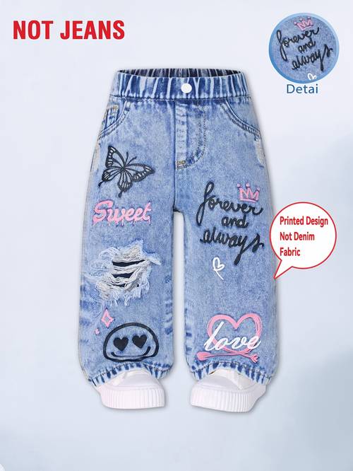 print design not faux denim fabric fashionable easy childrens baby letter heart flower faux denim like print spring autumn style campus trousers childrens trendy versatile elastic straight leg pants for outdoor