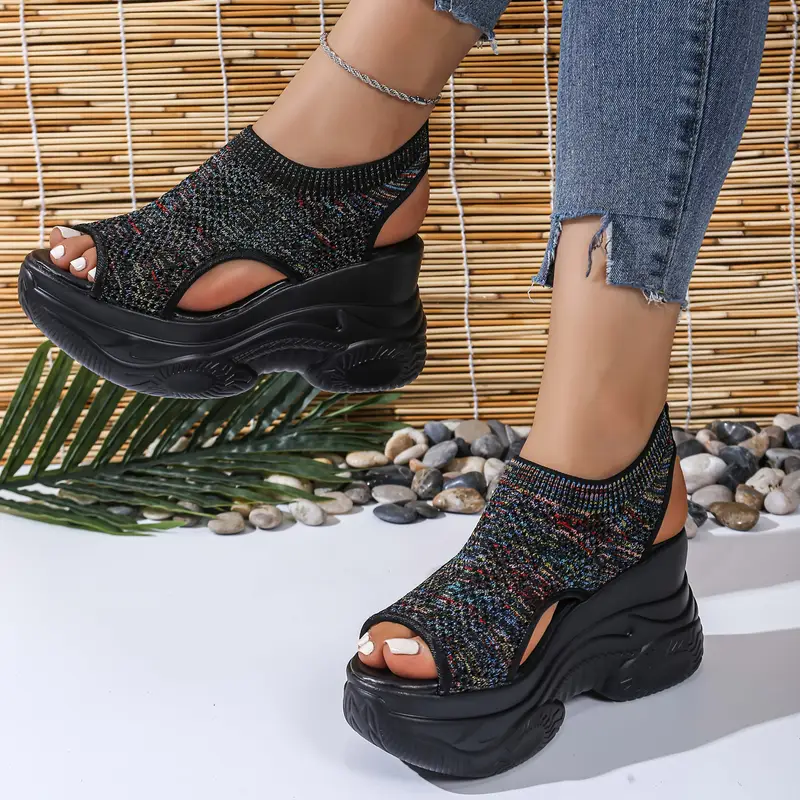 womens lightweight breathable crochet wedge sandals open toe thick sole casual shoes with ankle strap white colorful geometric for casual attire strappy sandals Product details 9