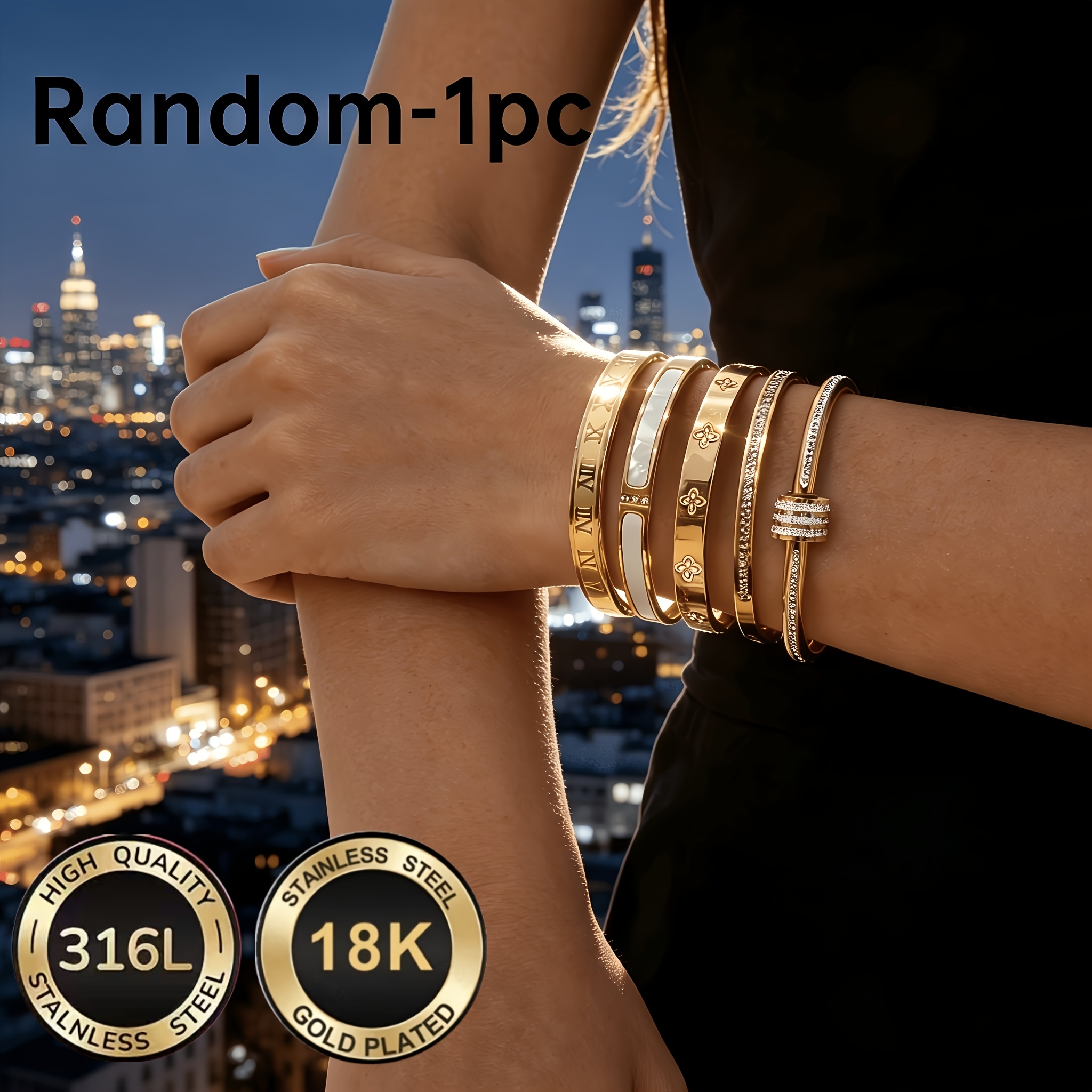 TEMU Random 1pc Bangle, 316l Stainless Steel 18k Golden Plated Bangle, Multi-style Random Fine Golden Bangle Durable Color Stainless Steel Best