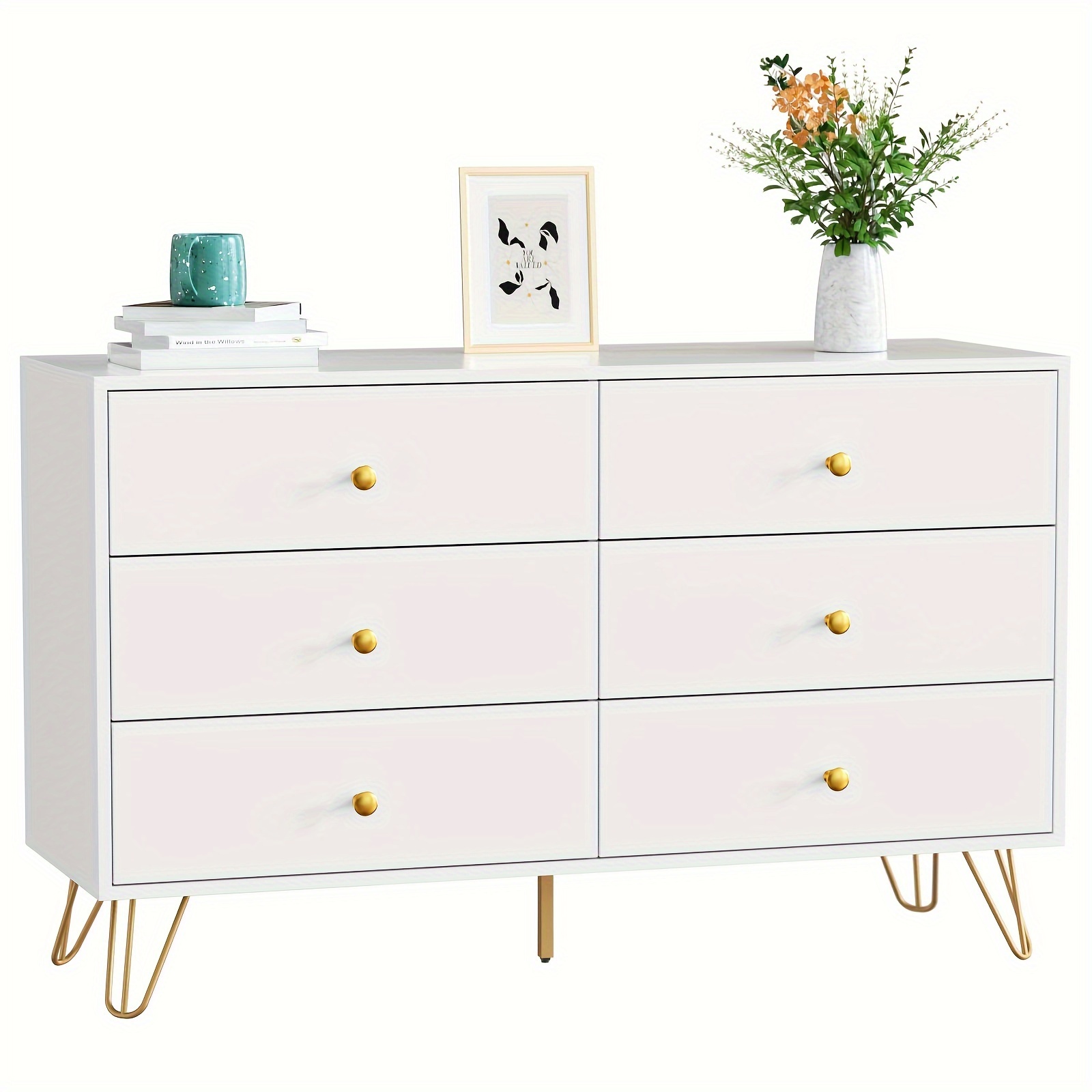 

Carpetnal Dresser For Bedroom, 6 Drawer Dresser With Wide Drawers And Gold Metal Handles, Wood Dressers & Chest Of Hallway, Entryway.