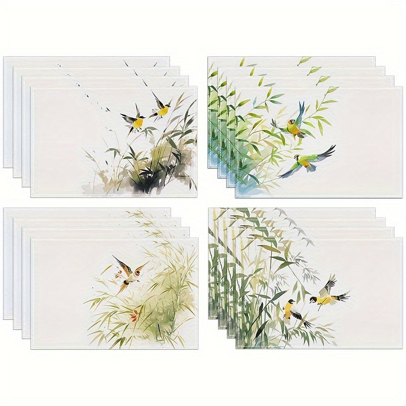 

Charming 4-piece Set Of Bamboo Bird Dining Placemats - Durable Polyester, Machine Washable, Perfect For Home & Parties, 12"x18