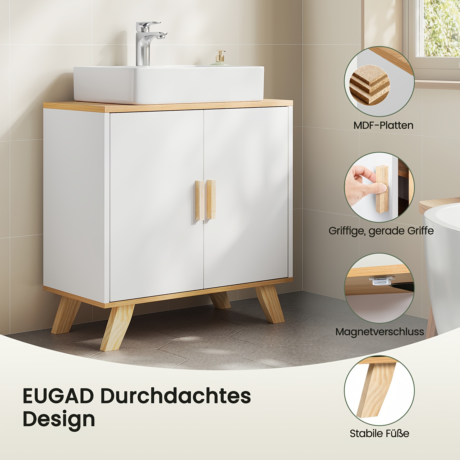 1pc multifunktionaler weißer waschtischunterschrank mit zwei türen, badezimmerschrank, waschbeckenunterschrank, 60 x 30 x 60 cm