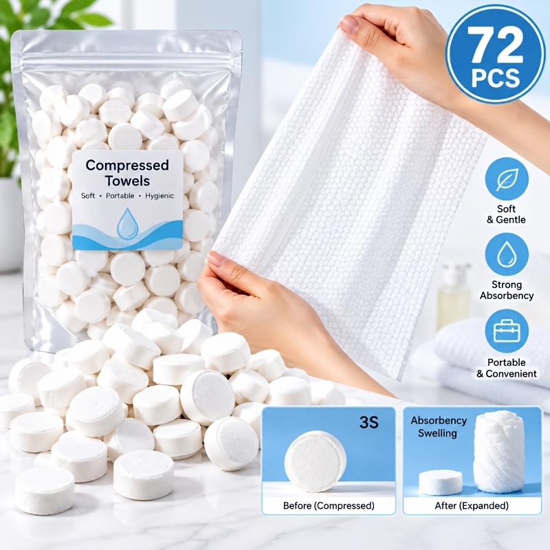 TEMU 72-pack Disposable Compressed Towels - Thickened Portable Face Cloths, Super Absorbent Disposable Compressed Cleansing Towels, Great For Travel,