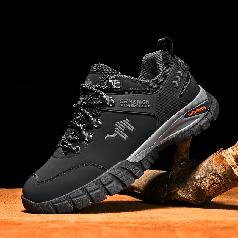 

Canemon Men's Breathable Waterproof Hiking Shoes - Non-slip Sole, Casual Footwear With Animal Print, Lace-up Low-top In Black With Gray Accents For Outdoor & , Canemon