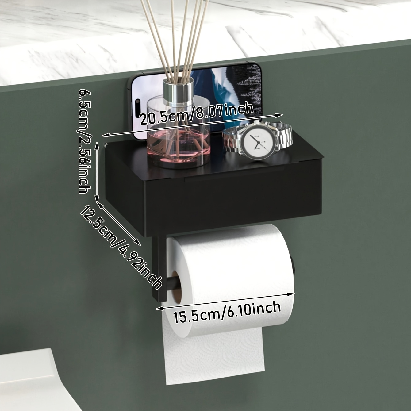 TEMU 1 Tissue Box Black Phone Holder Bathroom Shelf Can Hold Wet Wipes Wall-mounted Toilet Paper Holder Home Use Restroom Toilet Hotel Storage Rack,