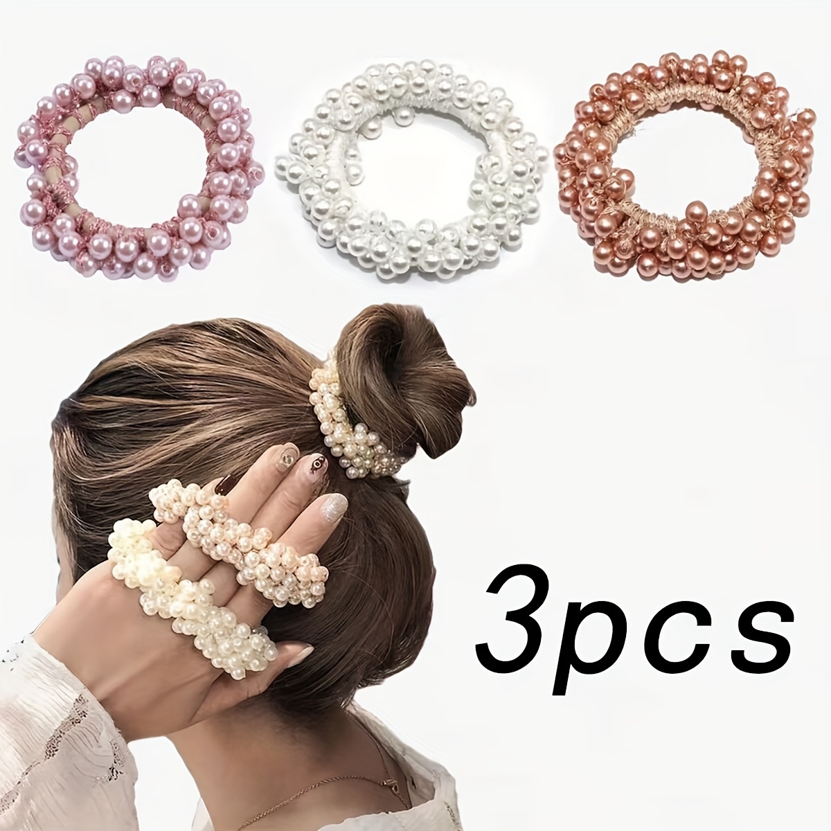 

3-piece Set Pearl Hair Ties And Wristbands - Cute Plastic Hair Rope With Solid Color, Hair Accessories For Ponytails And Updos