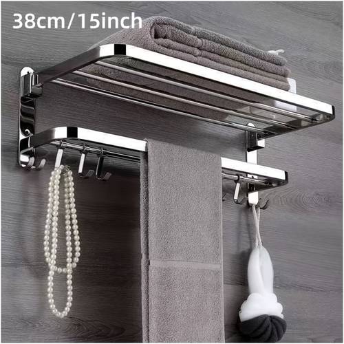 foldable towel rack for bathrooms made of stainless steel two tier storage shelf with hooks versatile wall mounted organizer for towels and toiletries space design