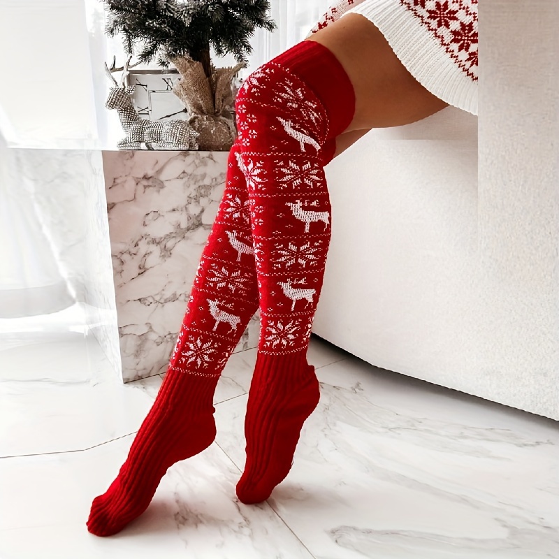 

Cozy Christmas Reindeer & Over-the-knee Socks For Women - Warm Knit, Machine Washable