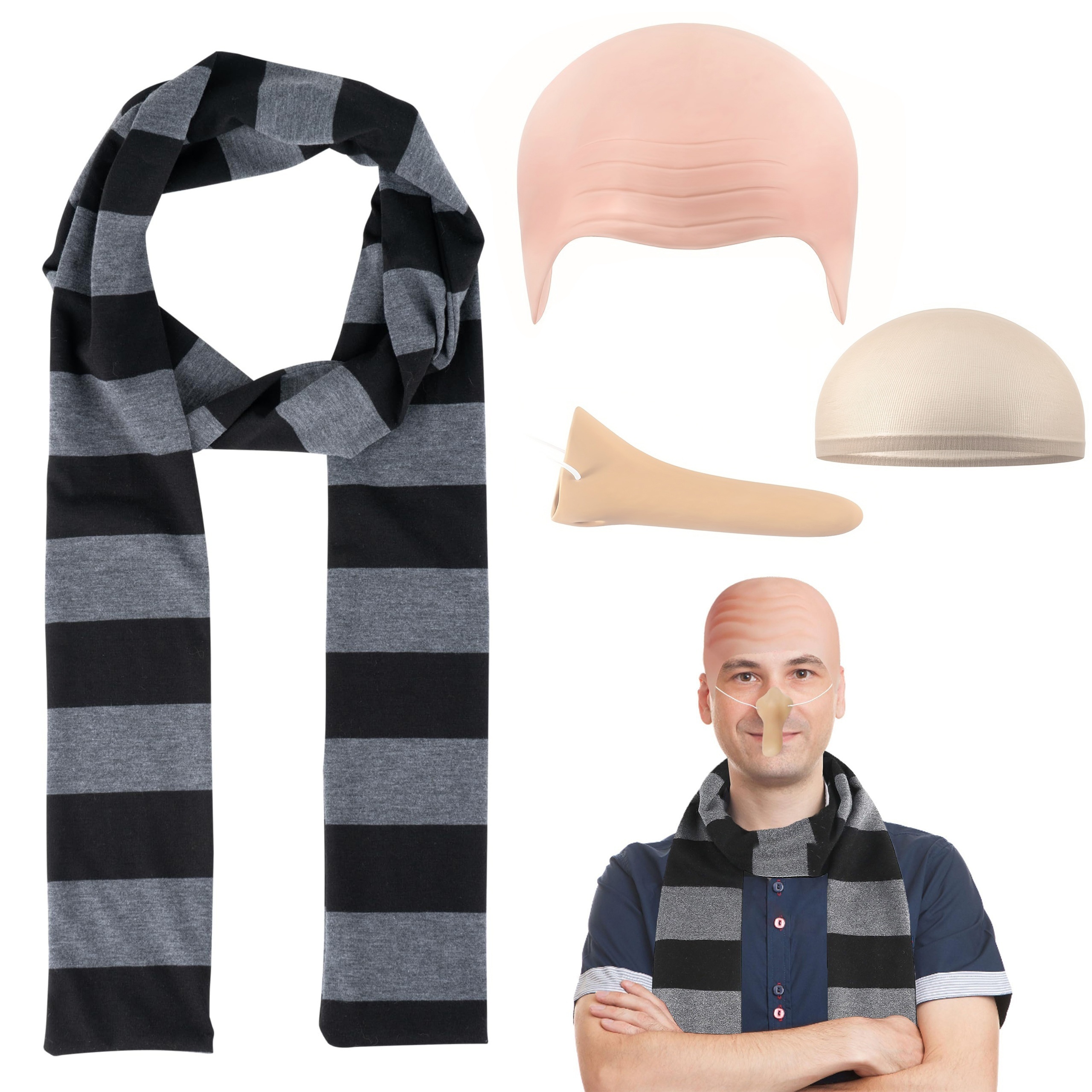 

4 Pack Fashionable Polyester Costume Accessories Set - Striped Scarf, Latex Bald Cap, Fake Nose - Party Cosplay Essentials For Men