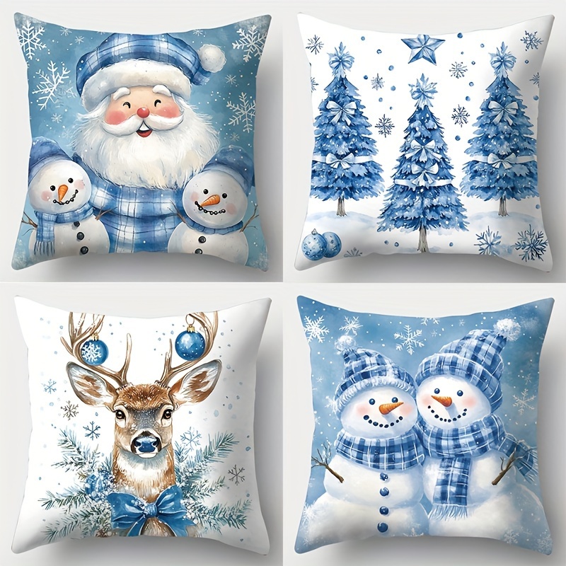 

4-pack Christmas Throw Pillow Covers With Santa, , Reindeer, Trees - Hand Washable Polyester Cushion Cases, Contemporary With Zipper For Living Room Decoration, 17.72" Woven