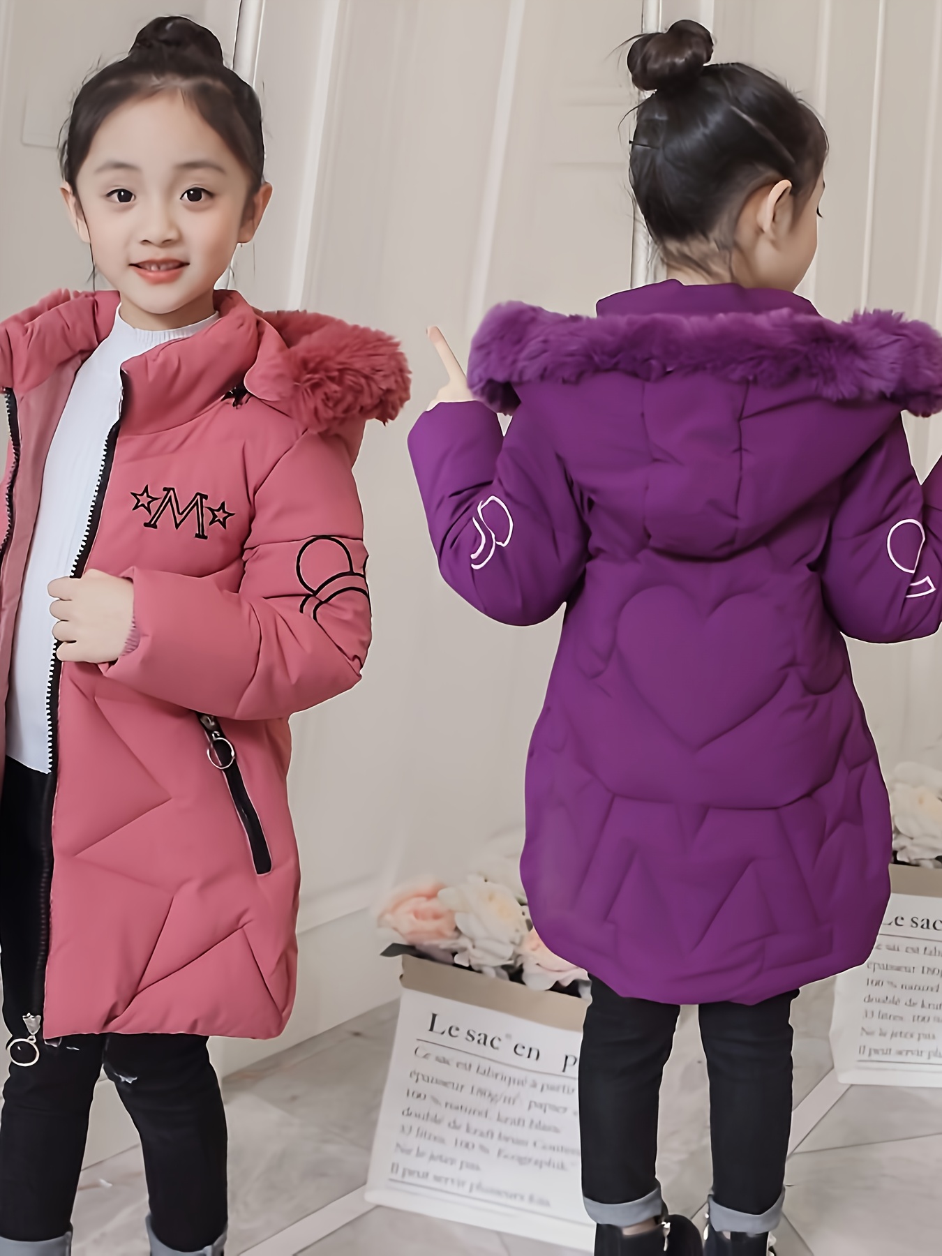 Meisjes Winterjas - Verdikte Halflange Parka met Capuchon, Paars & Cartoon Print, Ritssluiting aan de Voorkant - Machinewasbaar