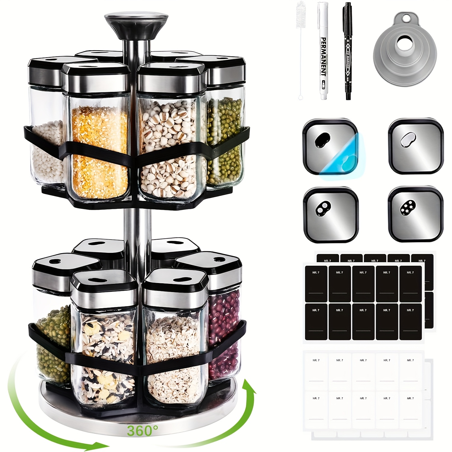 Image of 1pc Spice Rack Rotatable 1/2 Shelves With 6/12 120ml Spice Jars, 360° Clock Hole Size, 360° Spice Carousel Rotatable, Stainless Steel Spice Rack, Spice Organiser For To Spices