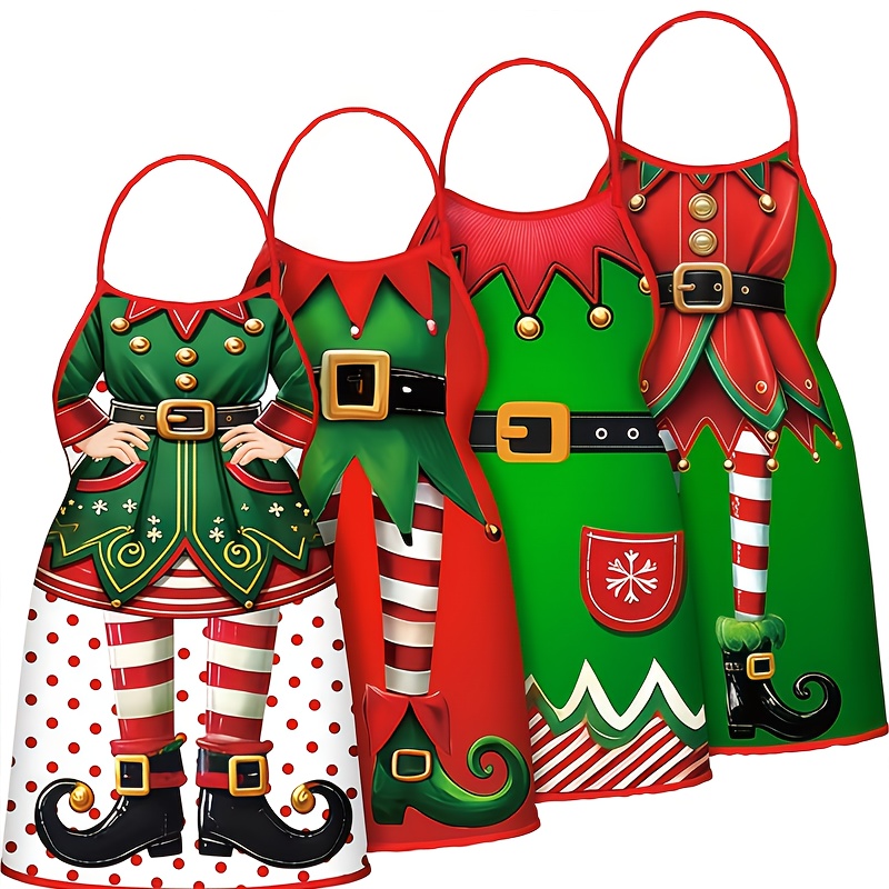 E-shop Set aus 4 Weihnachtsschürzen, 20,5x28,35 Zoll, Santa Claus als Elf verkleidete dekorative Schürze, geeignet für weibliche männliche Küchenchefs,