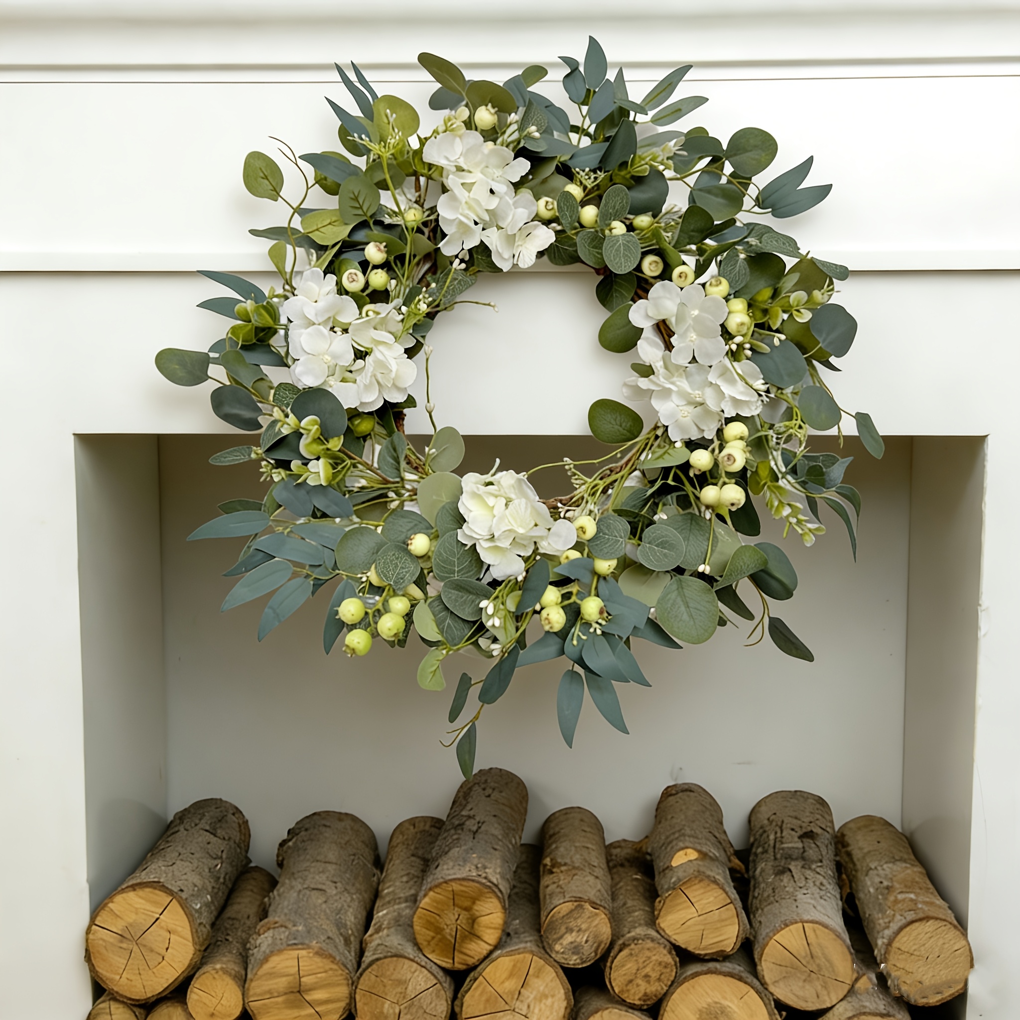 Frühlings- Sommer-Türkranz, Künstlicher Hortensien---Eukalyptus-Olivenblatt-Kranz, Handgemachter Kranz,…: retailer-supplied image