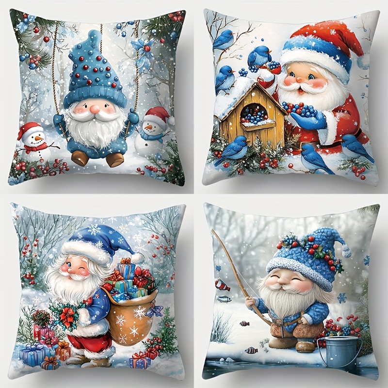 

[top-] 4pcs, Christmas, Santa , , Christmas Tree, , Berries, Gnomes, And Patterned Pillowcases. Waist 17.72 * 17.72 . Decoration, Living Decoration, Sofa Decoration,