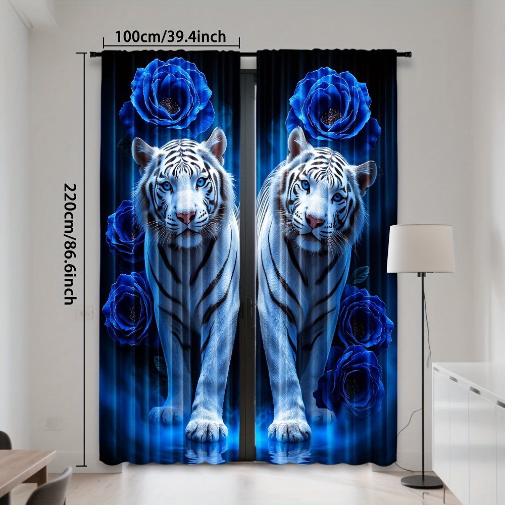 TEMU Ensemble de 2 rideaux en polyester avec un design de et de roses bleues. Ces rideaux à passant de tringle permettent à de filtrer, ce qui les