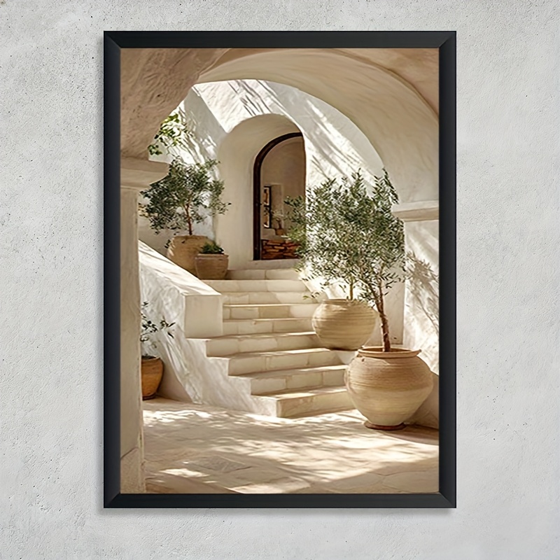 TEMU 2d Flat, 2d Flat, 2d Flat 1pc 2d Flat Canvas Artwork With A Frame, Featuring A Mediterranean Courtyard With Steps, Olive Trees, And An Archway.
