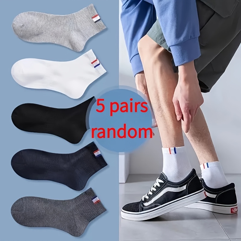 5 Pairs With Random Colors, Men's Pure Crew Socks- Breathable And Comfortable Mid-calf Socks, In White, Black, Navy Blue, Dark Gray, And Light Brown With Red Stripes