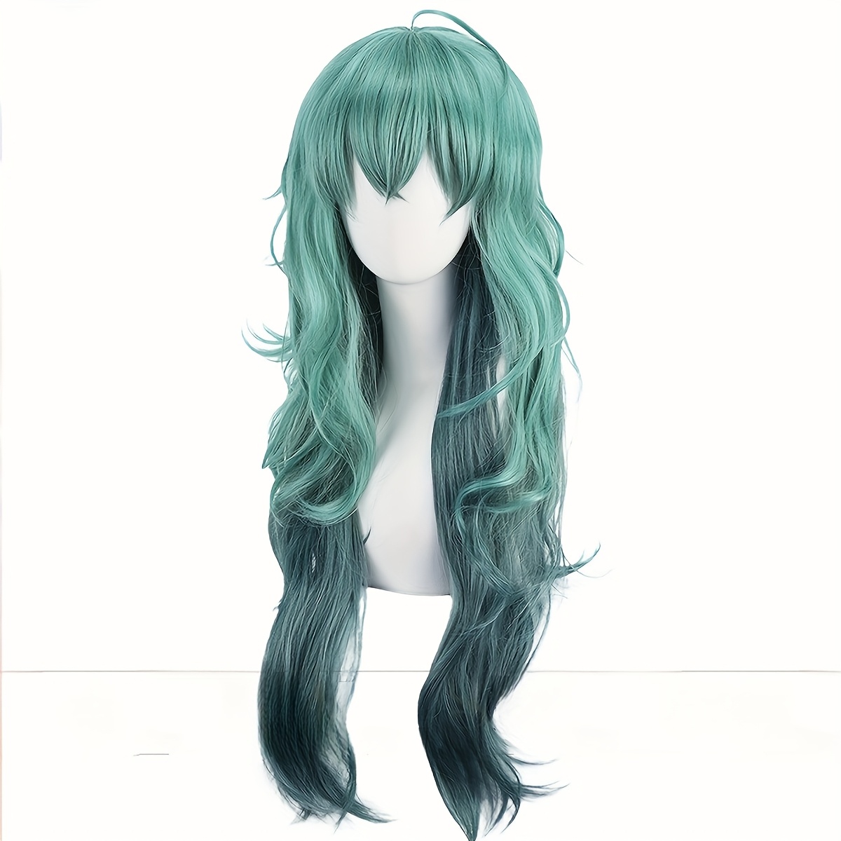 heat resistant teal anime cosplay wig bangs long curly Temu